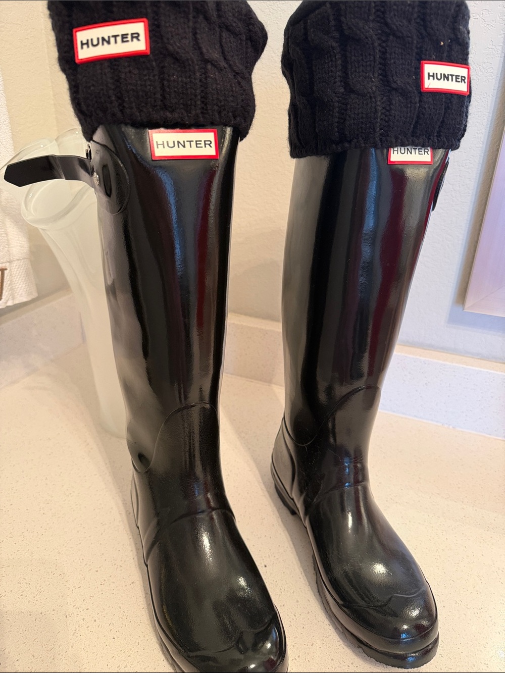 Hunter Black Gloss Knee-High Rain Boots with Branded Cuff